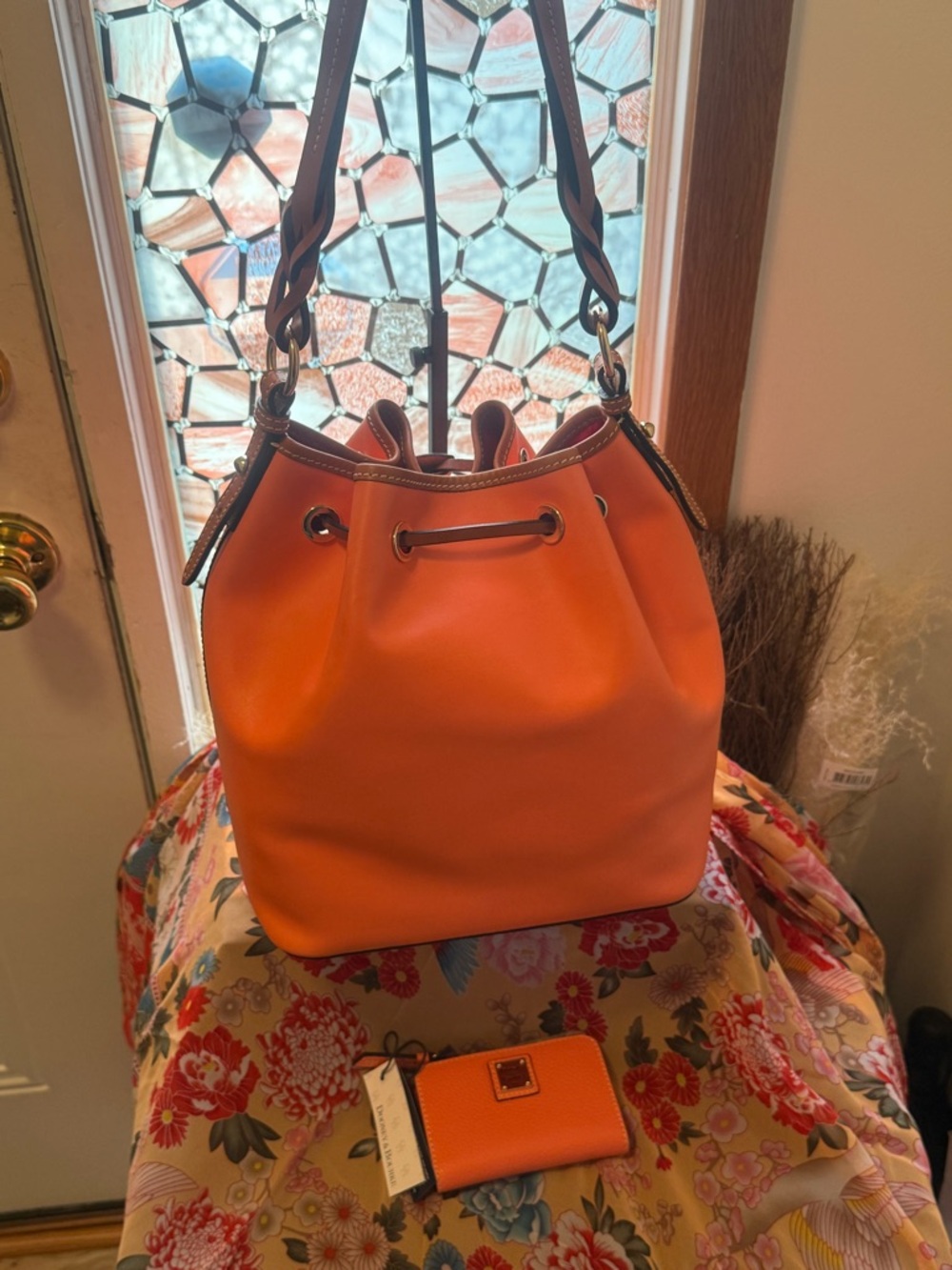 Dooney & Bourke Coral Pebbled Leather Drawstring Bucket Bag with matching wallet - Picture 6 of 13